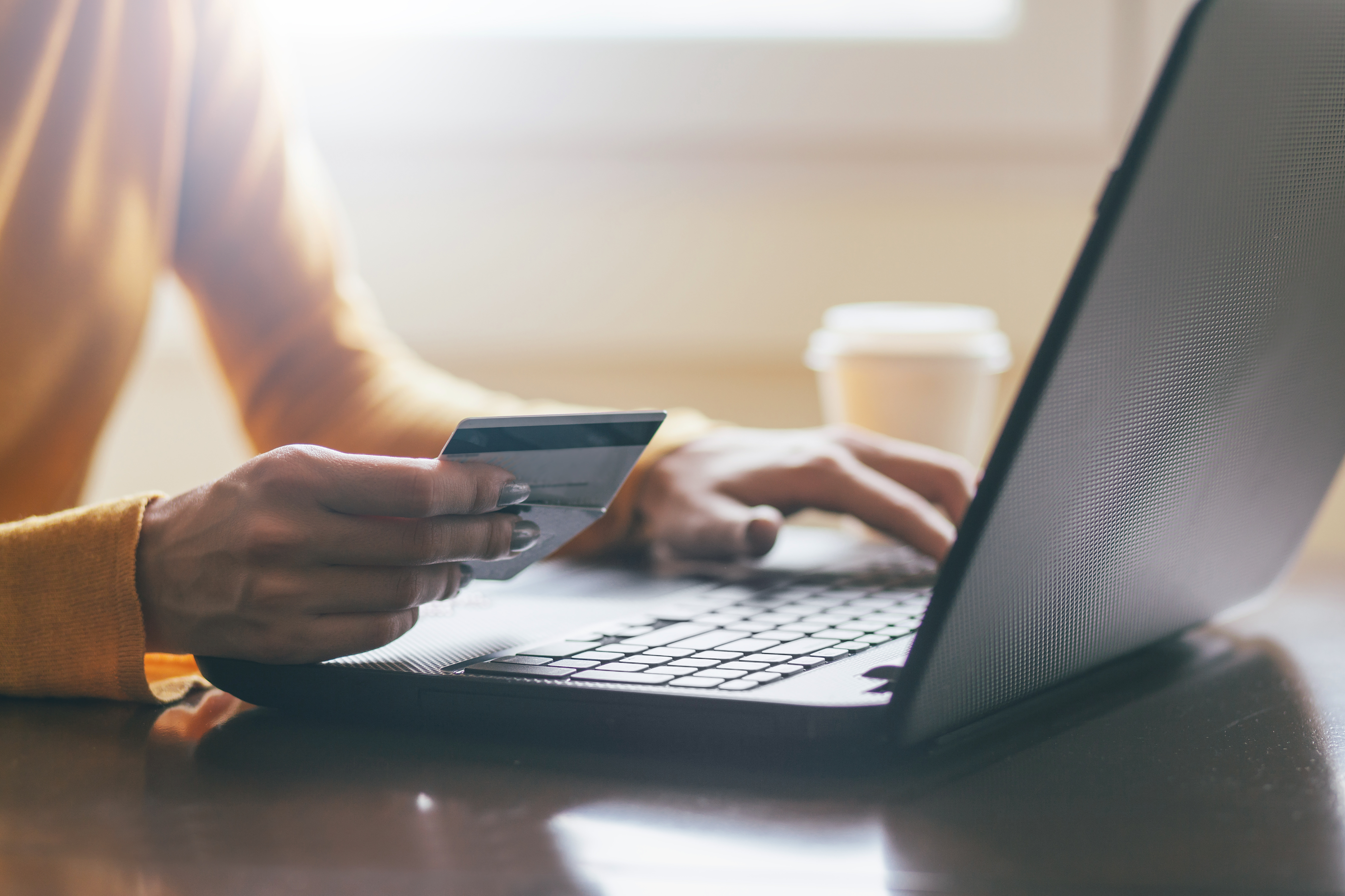 Person at a laptop holding their credit card.