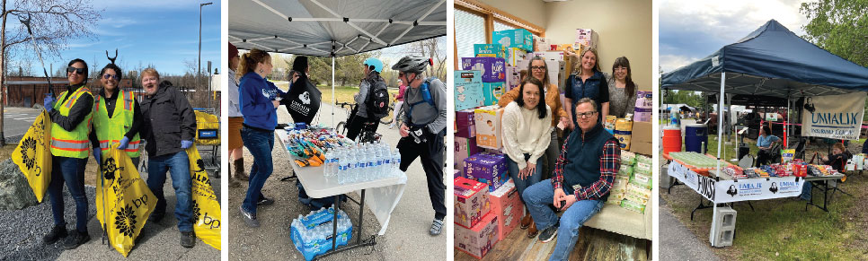 Four photo collage of Umialik employees volunteering at different events.